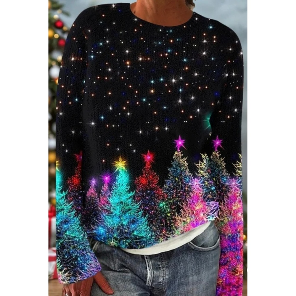 Womens Christmas Tree Galaxy Star Print Sweatshirt Black Holiday Pullover Top